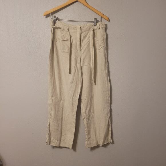 J Jill Womens Linen Cropped Pants Size 10 Light Greeb Wide Leg High Rise Belted - Picture 1 of 10